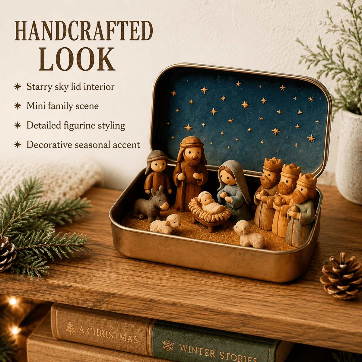 Christmas Nativity Scene in a Tin Mini Manger Scene Portable Tin Box Tabletop Decor for Mantel Shelf Fireplace Desk Holiday Decoration