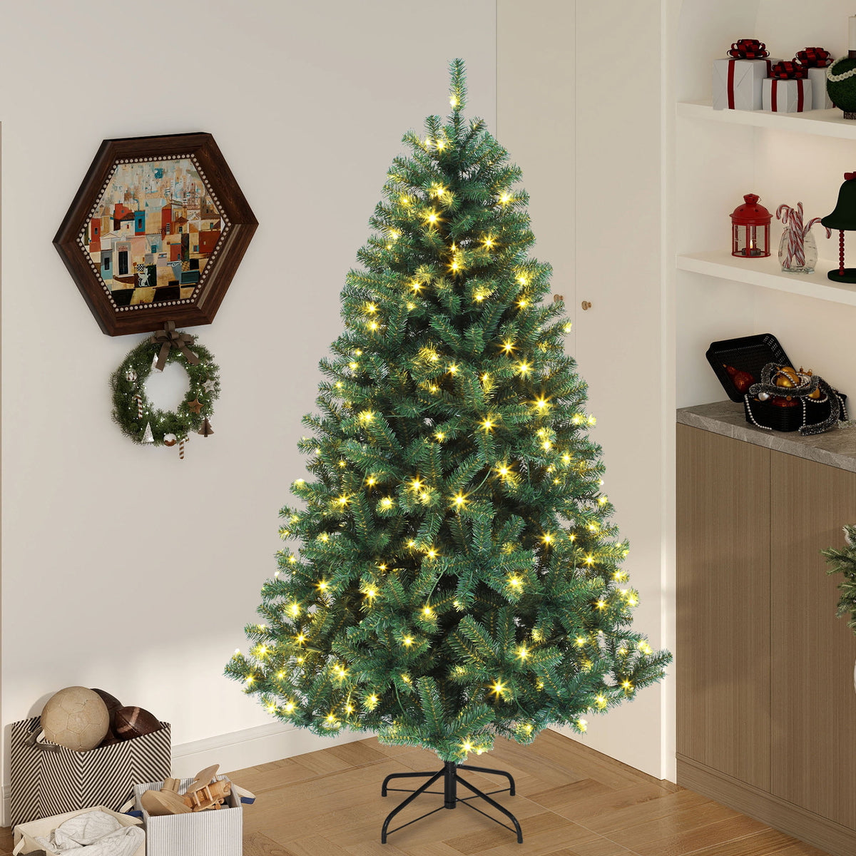 Uforic 6ft Pre-lit Hinged Spruce Artificial Christmas Tree with 1000 Branch Tips & 250 Lights, Remote Control, 11 Light Modes, Green