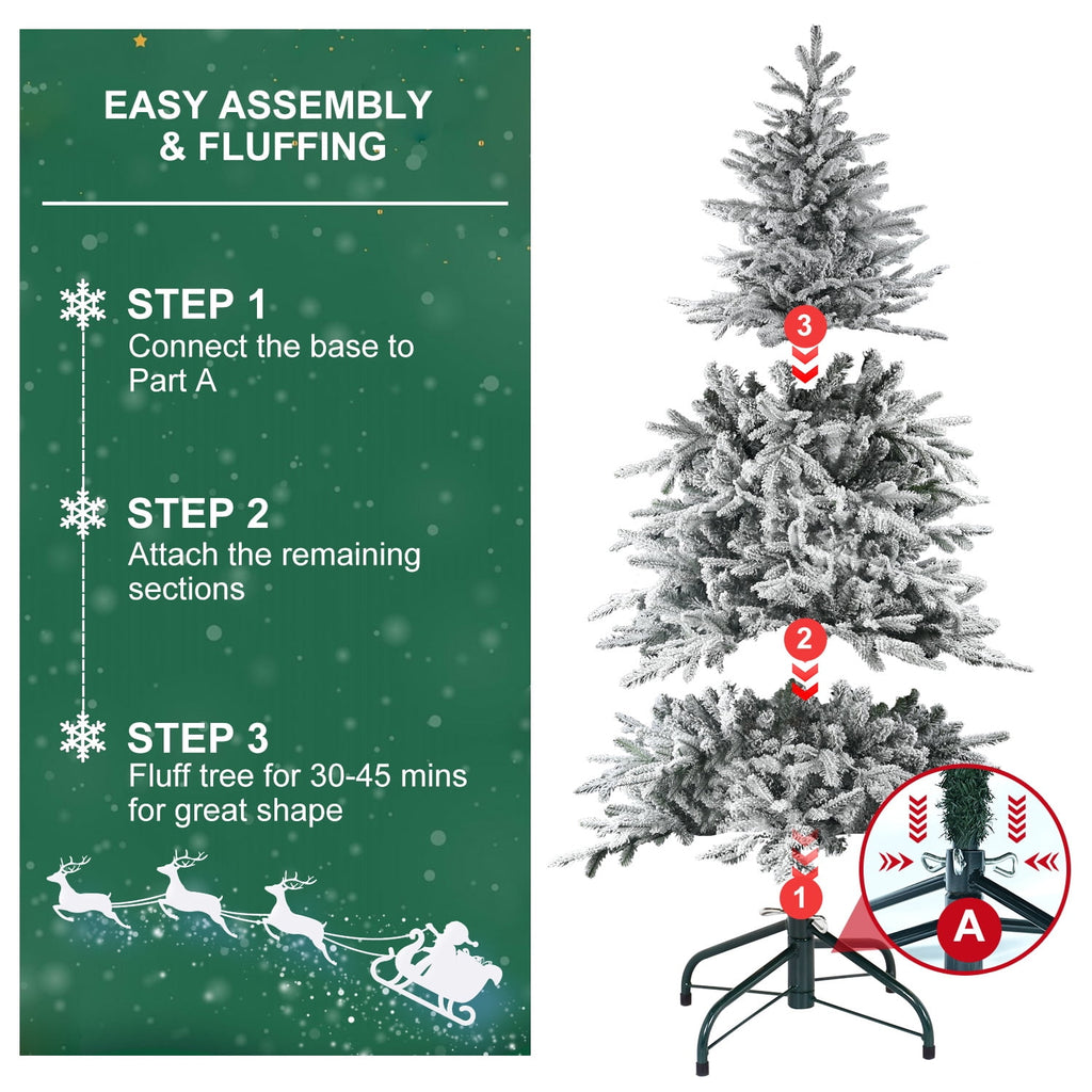 Makeatree 6 ft Prelit Snow Flocked Christmas Tree Frosted Artificial Xmas Tree with Multicolor Lights &1582PE PVC Tips, 9 Color Modes