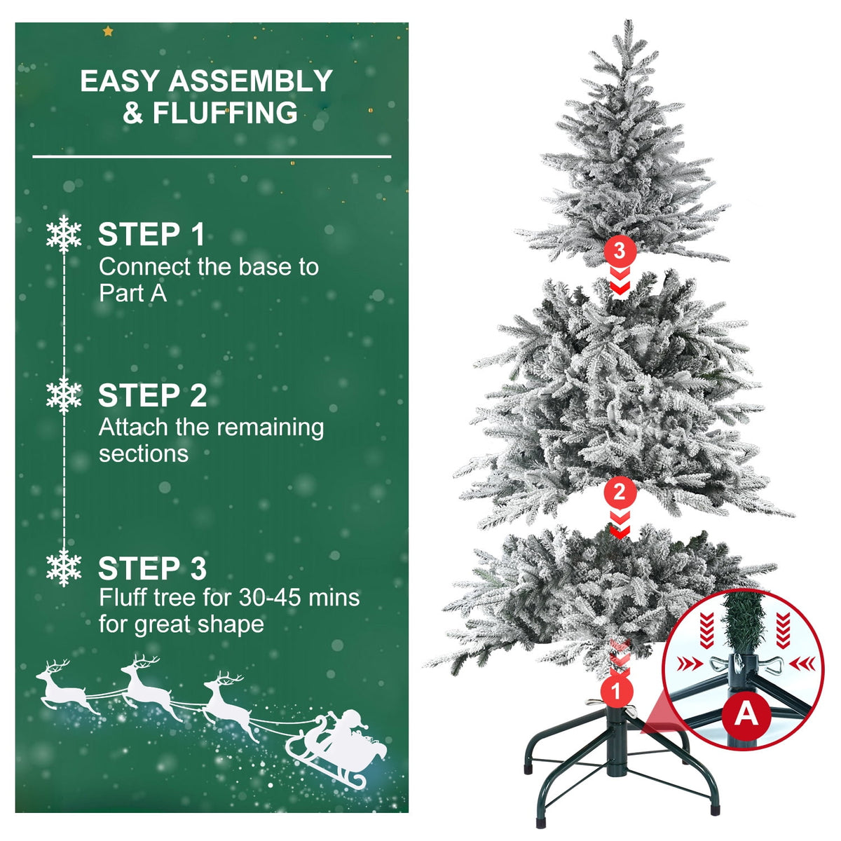Makeatree 6 ft Prelit Snow Flocked Christmas Tree Frosted Artificial Xmas Tree with Multicolor Lights &1582PE PVC Tips, 9 Color Modes