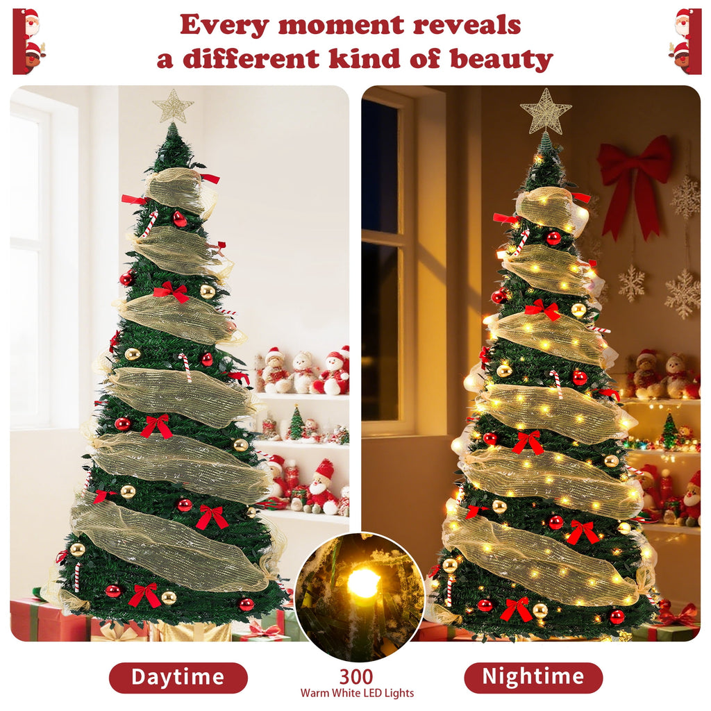 Yexmas 7.5FT Pop-Up Artificial Christmas Tree with 300LED Lights,Green Prelit Christmas Tree with Foldable Base