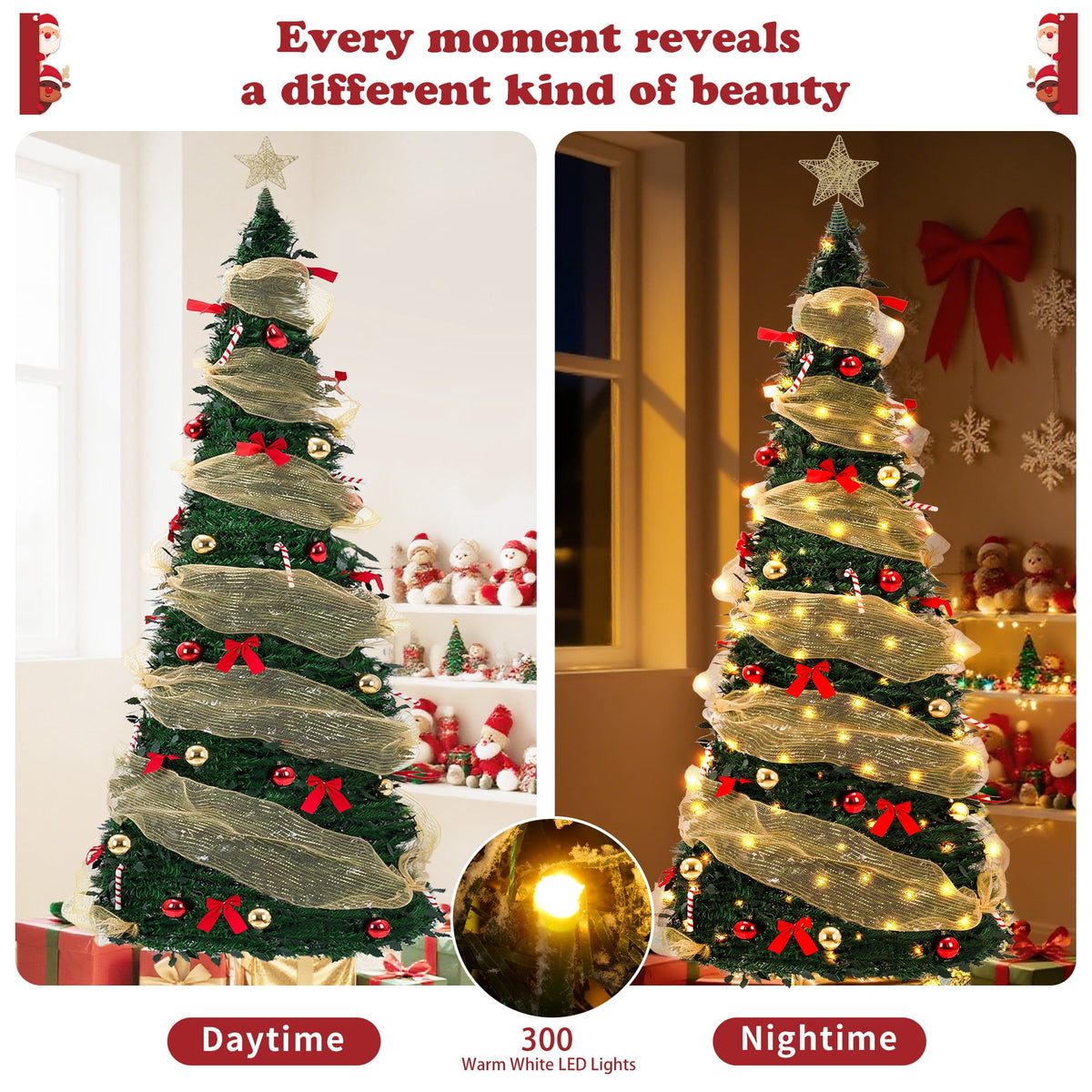 Yexmas 7.5FT Pop-Up Artificial Christmas Tree with 300LED Lights,Green Prelit Christmas Tree with Foldable Base
