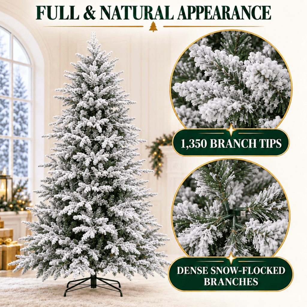 Vebreda 6ft Pre-Lit Flocked Artificial Aspen Noble Fir Christmas Tree with 1,350 Branch Tips & 300 LED Lights, Hinged Artificial Holiday Tree with Metal Stand