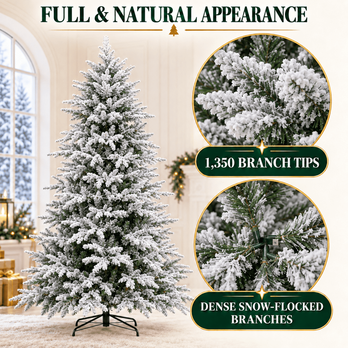 Vebreda 6ft Pre-Lit Flocked Artificial Aspen Noble Fir Christmas Tree with 1,350 Branch Tips & 300 LED Lights, Hinged Artificial Holiday Tree with Metal Stand