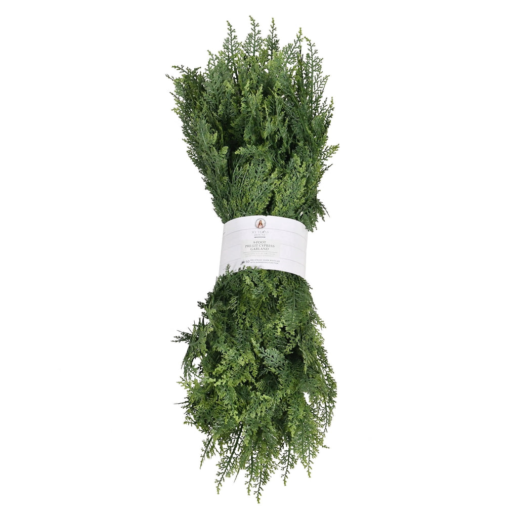 My Texas House Cypress Pre-Lit Warm White LED Artificial Christmas Garland, Green, 9'