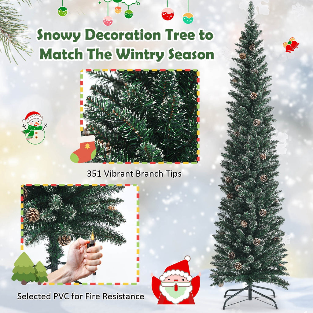Topbuy 5FT Slim Pencil Tree Snowy Artificial Christmas Tree with 214 PVC Branch Tips & 25 Pine Cones Full Holiday Decoration Tree for Xmas