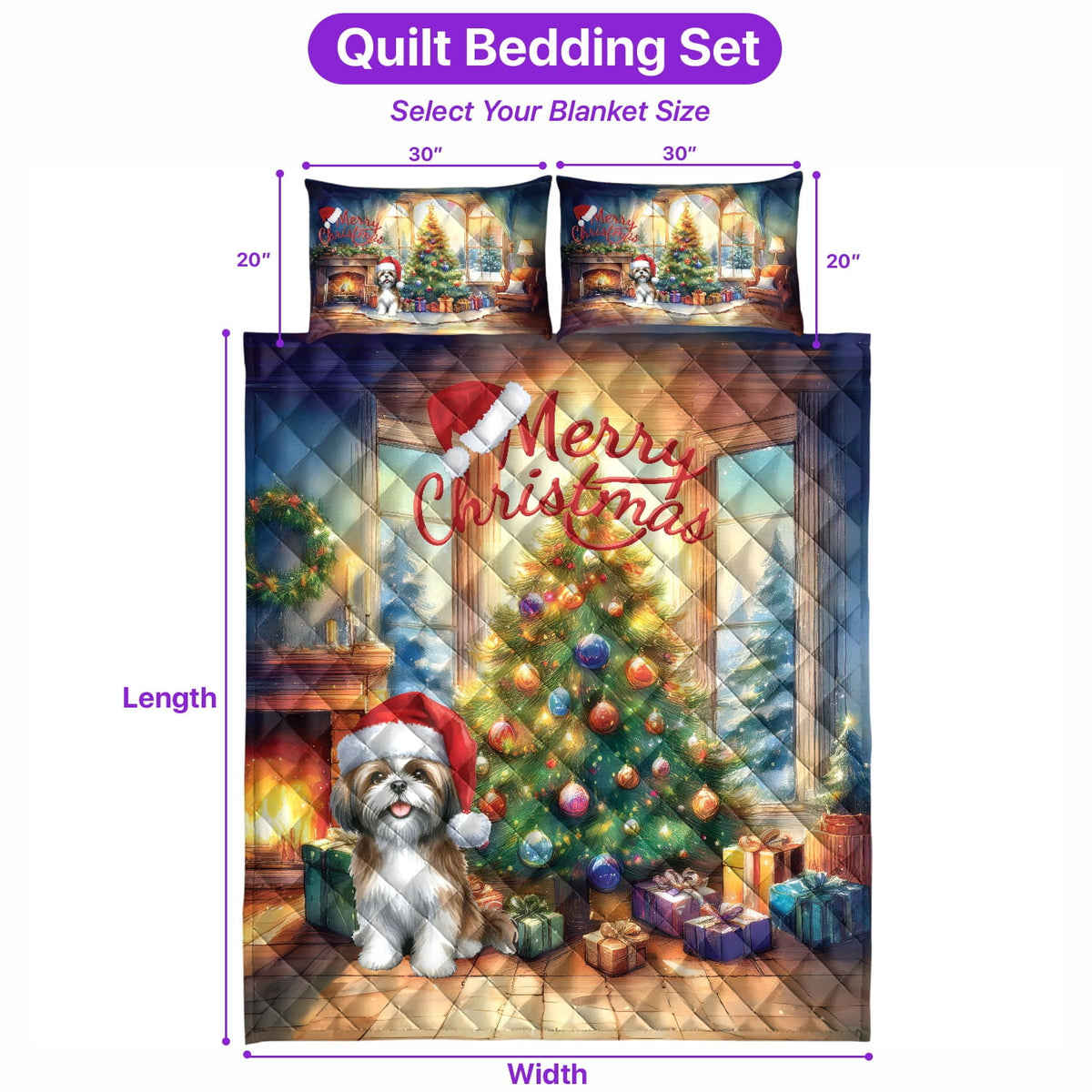 Merry Christmas French Bulldog Santa Hat Xmas Tree Winter Holiday Quilt Bedding Set Dog Lover Gifts 1 Blanket Bed Cover 2 Pillowcases - 01013