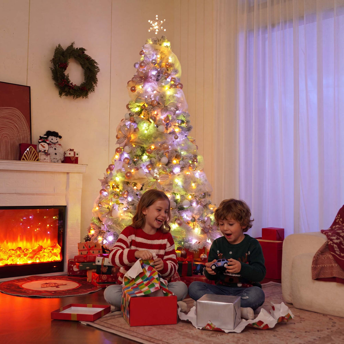Yexmas 7.5FT Pre-Lit Snow Flocked Christmas Tree,Artificial White Christmas Tree with Large Christmas Tree Storage Bag,11 Modes Warm White & Multicolor LED Lights for Xmas Decoration
