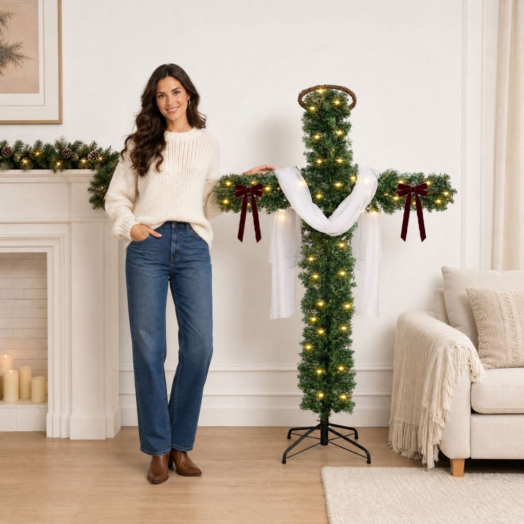 5ft Christmas Cross Tree with Bow & Scarf, Religious Christmas Tree with Warm LED Lights