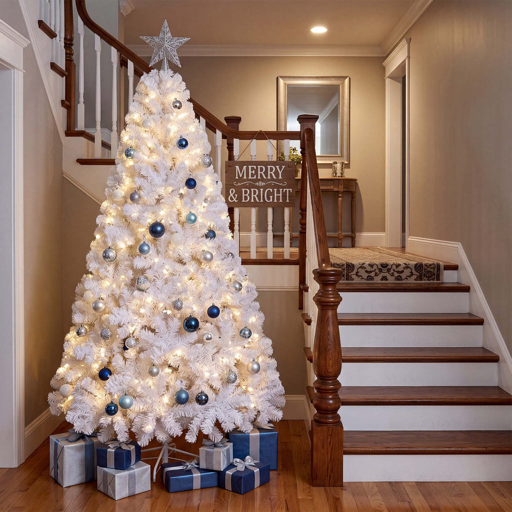 Yexmas Pre-Lit Artificial Christmas Tree,6ft White Christmas Tree with 300 Warm White & Multicolor Lights,Xmas Tree for Home, Holiday Party Decorations
