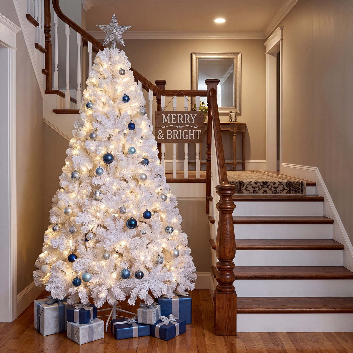 Yexmas Pre-Lit Artificial Christmas Tree,7.5ft White Christmas Tree with 450 Warm White & Multicolor Lights,Xmas Tree for Home, Holiday Party Decorations
