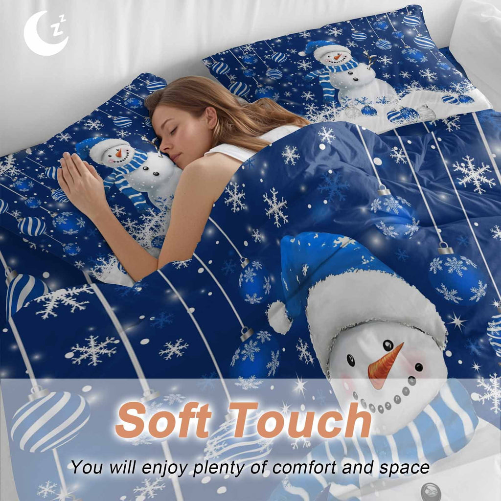 Christmas Blue Snowman 4 Piece Duvet Cover Set Full Size Xmas Balls Snowflake Soft Bedding Set Comforter Cover, 1 Duvet Cover 1 Flat Sheets and 2 Pillowcases
