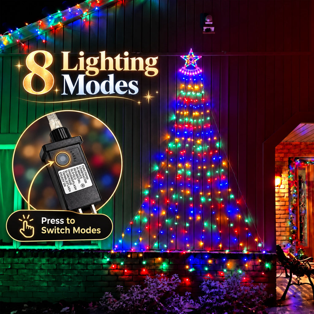 Qunler Outdoor Christmas Decoration Lights, 8 Modes & 350 LED Christmas Waterfall Fairy Tree String Lights Indoor Outdoor Holiday Lighting Decorations, Multicolor, Plug-in
