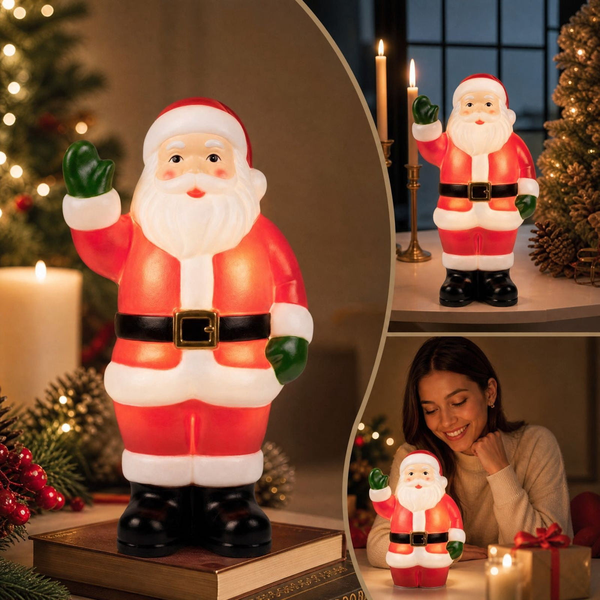 Luckky Lighted Christmas Dog Resin Statue, Santa Hat and Scarf Dog Figurine, 7.87 Inch, Multi-Color LED Lights, Indoor Outdoor Holiday Decor