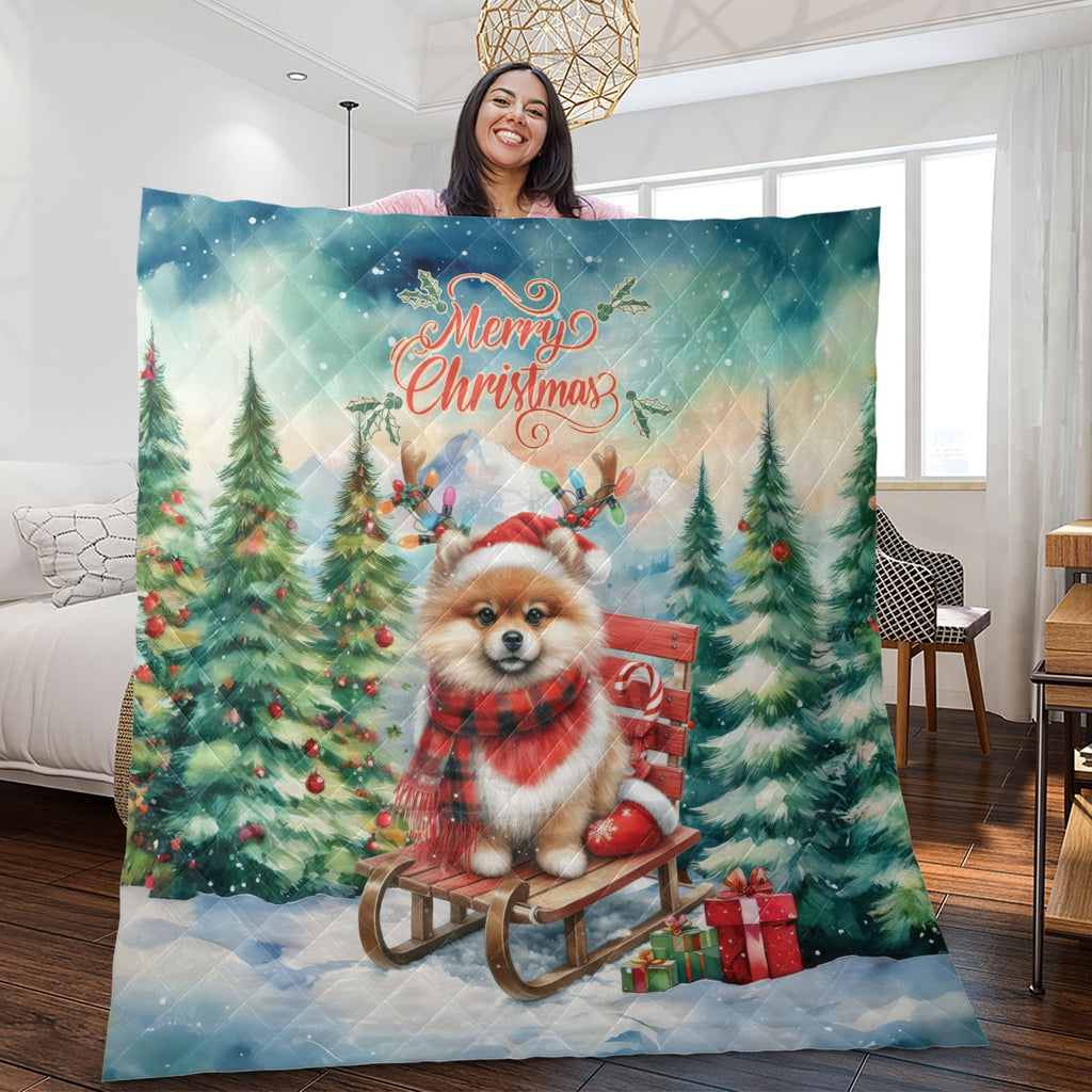 Merry Christmas Santa Reindeer Antlers French Bulldog Sleigh Xmas Winter Holiday Quilt Bedding Set Dog Lover Gifts 1 Blanket Bed Cover 2 Pillowcases - 00023
