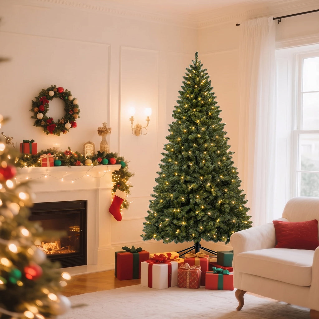 DAYBETTER 8ft Artificial Christmas Tree, 500 Warm White Lights & 1335 Branch Tips, Includes Metal Stand, Indoor/Outdoor Xmas Holiday Decor
