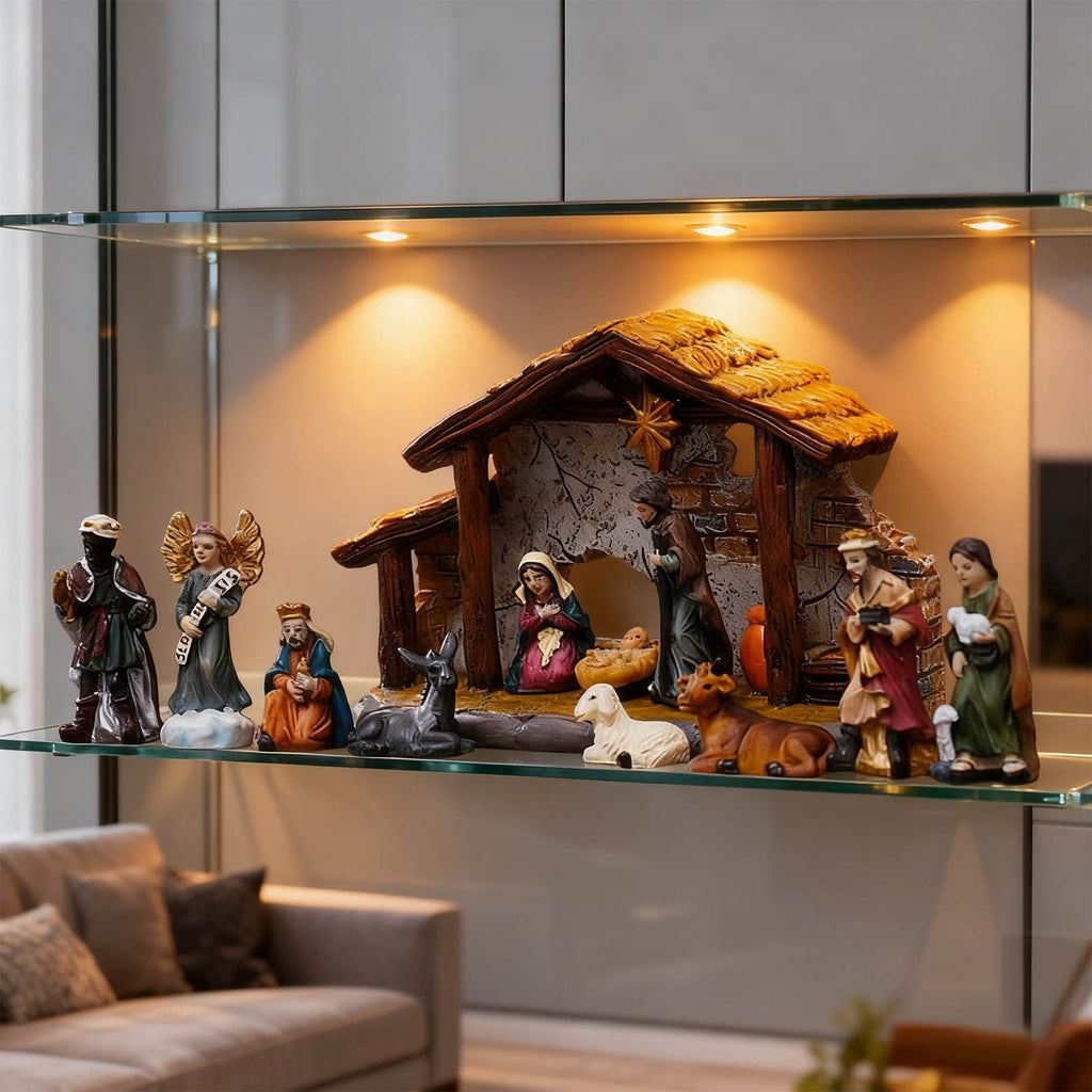Nativity Set Christmas Indoor 16 Piece 2.36 inch Scene Statue Figurines Jesus Manger Crib Ornament Church Xmas Gift Home Decoration