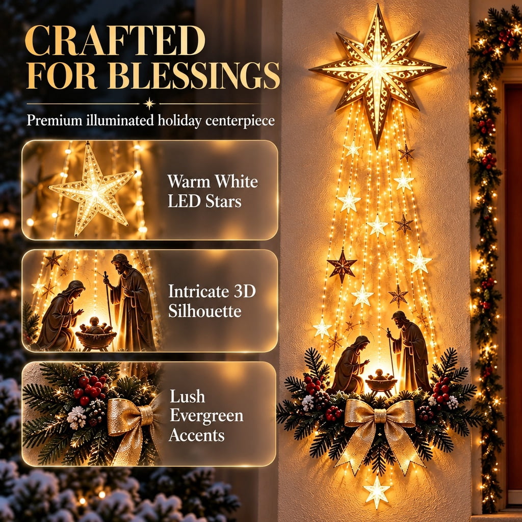Christmas Wall Decor, Lighted Nativity Scene with Bethlehem Star, Christmas Wall Lights, Warm LED Hanging Decor for Indoor Holiday Display