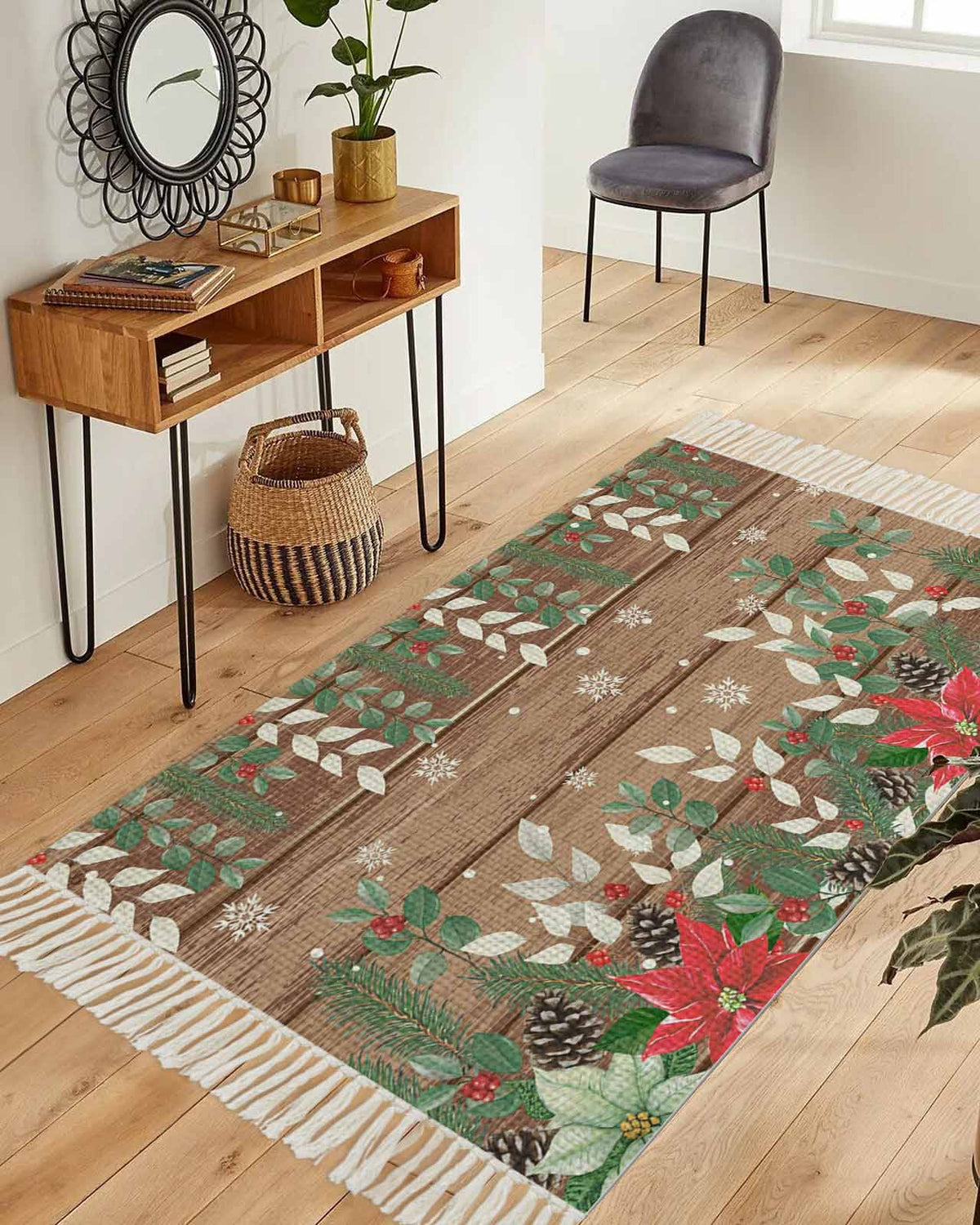 Christmas Poinsettia Large Area Rug 4x6ft Woven Runner Rug,Farmhouse Eucalyptus Botanical Xmas Washed Living Room Bedroom Kitchen Bathroom Classroom Carpet with Tassels,Indoor Outdoor Throw Door Mat