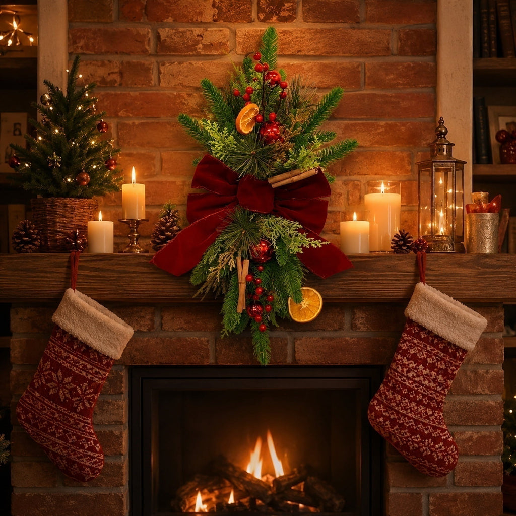 THOPBPRK Artificial Cedar Half Wreath for Front Door Christmas Decorations DIY Holiday with Bow Winter Hanging Ornament for Wall Window Home Decor, 23.6" A
