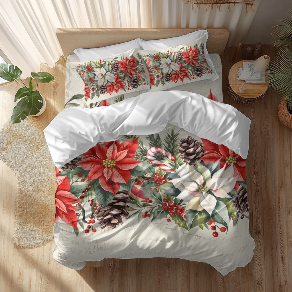 Red White Flowers Bedding Duvet Cover Set Twin 4 Pieces Pine Cone Winter Snowflakes Christmas Vintage Letter Bedding Set with Zipper Closure,1 Comforter Cover 68x90 In 1 Flat Sheet & 2 Pillow Cases