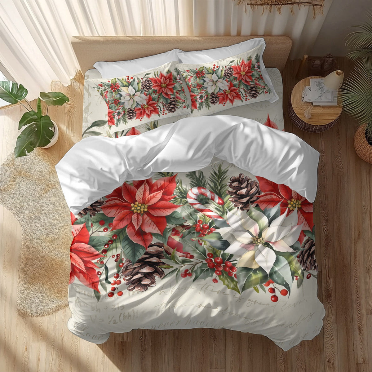Red White Flowers Bedding Duvet Cover Set Twin 4 Pieces Pine Cone Winter Snowflakes Christmas Vintage Letter Bedding Set with Zipper Closure,1 Comforter Cover 68x90 In 1 Flat Sheet & 2 Pillow Cases