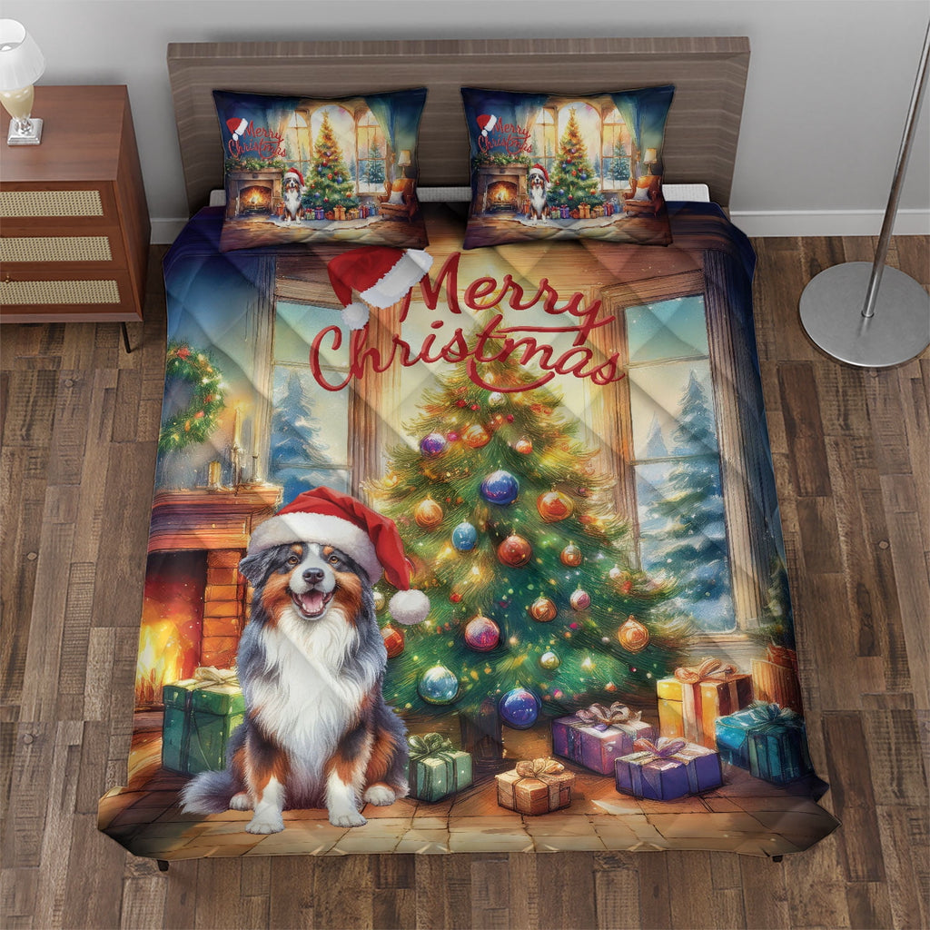 Merry Christmas French Bulldog Santa Hat Xmas Tree Winter Holiday Quilt Bedding Set Dog Lover Gifts 1 Blanket Bed Cover 2 Pillowcases - 01013