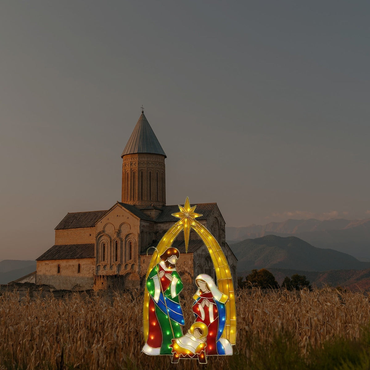 Uutvmp Mini Metal Pre-Lit Patio Decor, Nativity Scene Outdoor Indoor Sparkling Standing Holiday Display
