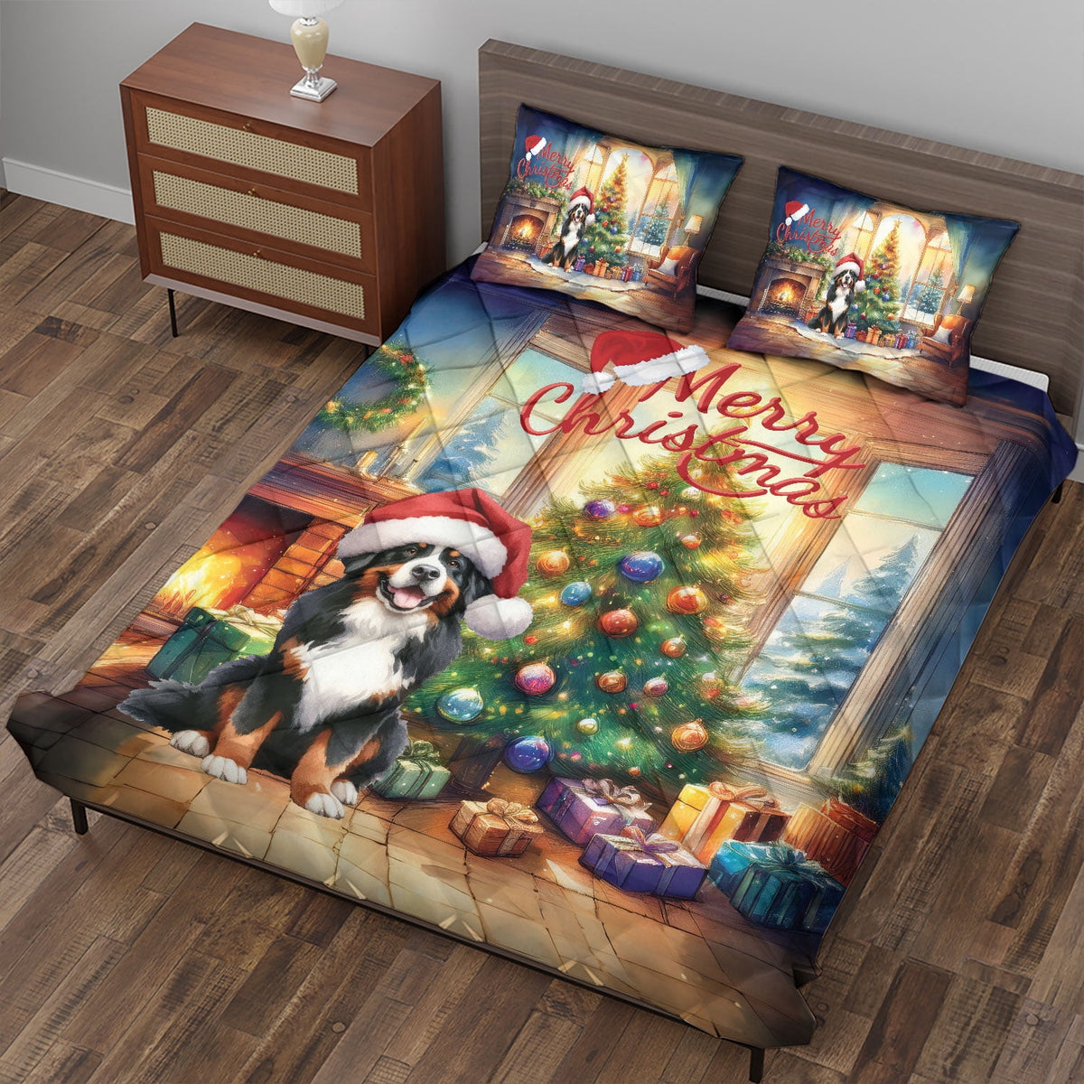Merry Christmas French Bulldog Santa Hat Xmas Tree Winter Holiday Quilt Bedding Set Dog Lover Gifts 1 Blanket Bed Cover 2 Pillowcases - 01013