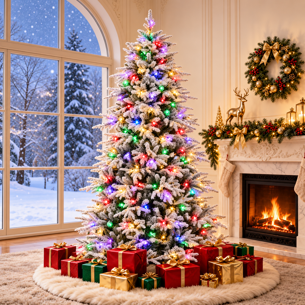 Vebreda 6ft Pre-Lit Flocked Artificial Aspen Noble Fir Christmas Tree with 1,350 Branch Tips & 300 LED Lights, Hinged Artificial Holiday Tree with Metal Stand