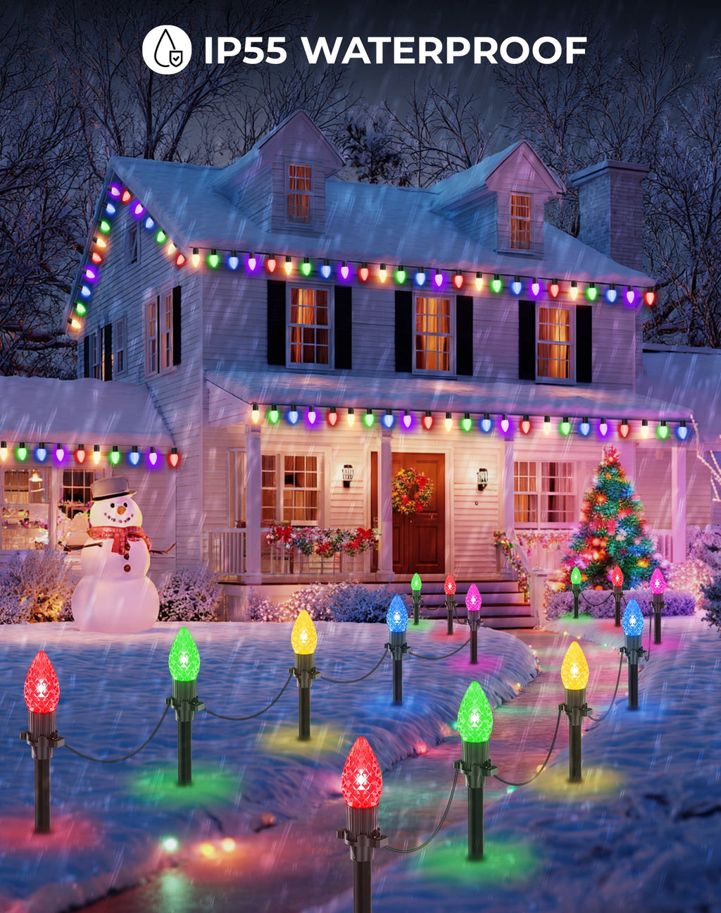 2 IN 1 Solar Christmas Lights C9 LED 33FT 25 LED with Ground Stakes Hanging Design Warm White Multicolor 8 Modes Waterproof for Garden Walkway Patio Christmas Decor