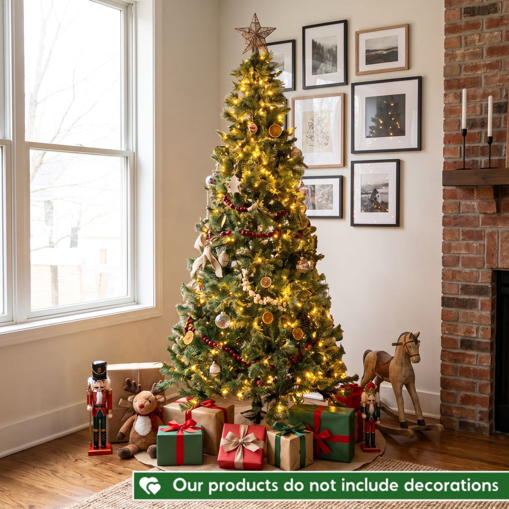 TLSUNNY 8ft Pre-lit Artificial Christmas Tree, W/ 1000 Branche Tips, 450 LED Warm Lights, Fluffy Snow Flocked Pine Tree, Metal Stand Hinged Xmas Tree for Party Holiday Decor
