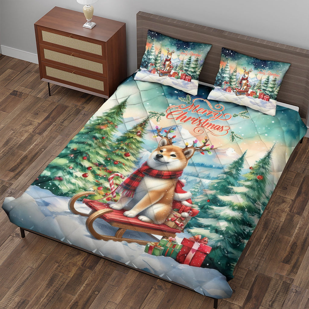 Merry Christmas Santa Reindeer Antlers French Bulldog Sleigh Xmas Winter Holiday Quilt Bedding Set Dog Lover Gifts 1 Blanket Bed Cover 2 Pillowcases - 00023