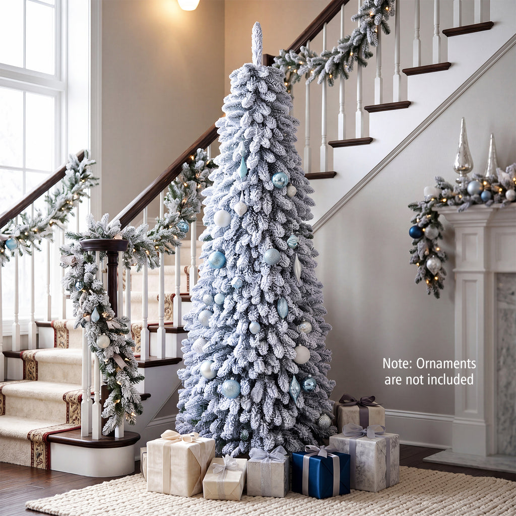 Costway 5 FT Pre-Lit Slim Christmas Tree Flocked Xmas Decoration 11 Modes 150 LED Lights