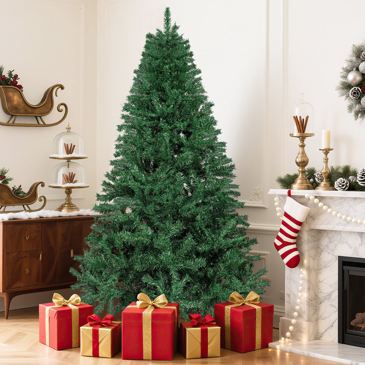 Aufeile 6ft Pencil Christmas Tree, Slim Pre-Lit Xmas Tree, 200 LED Lights, 600 Hinged Tips, Pine Cones, Berries, Metal Stand