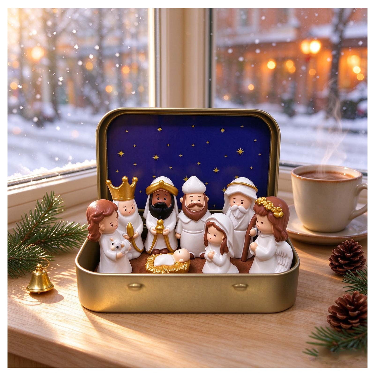 Mini Nativity in a Tin Box - 4.53" Nativity Scene Set with Holy Family Figurines, Portable Pocket Size Religious Christmas Decor Gift for Family, Gift Ideas