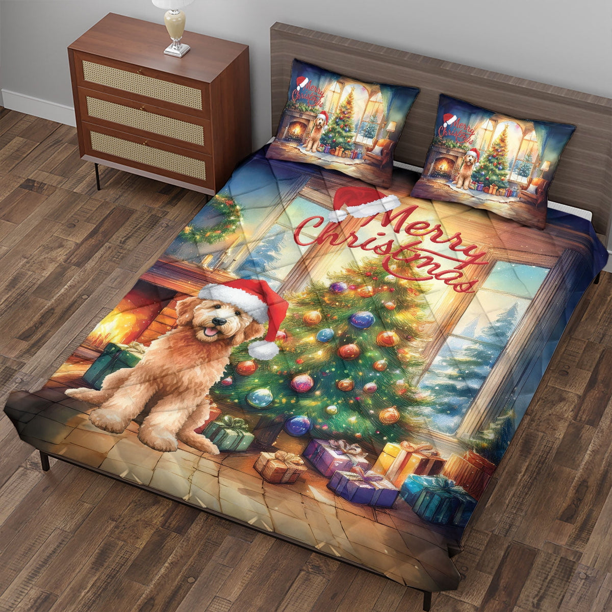 Merry Christmas French Bulldog Santa Hat Xmas Tree Winter Holiday Quilt Bedding Set Dog Lover Gifts 1 Blanket Bed Cover 2 Pillowcases - 01013