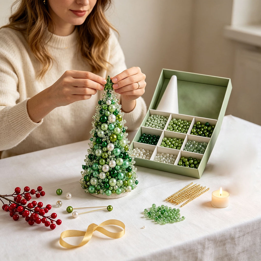 DIY Beaded Christmas Tree Kit - Handmade Mini Tabletop Xmas Tree with Santa Topper, Built-In Warm Lights, Holiday Decor Craft Gift for Adults