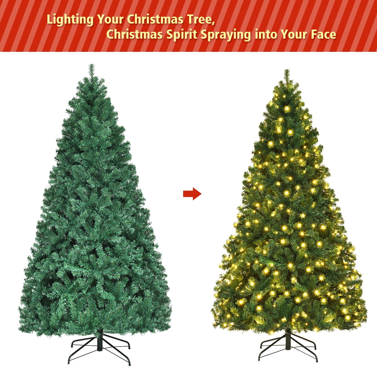 Costway 7Ft Pre-Lit PVC Hinged Christmas Tree 300 LED Lights Green