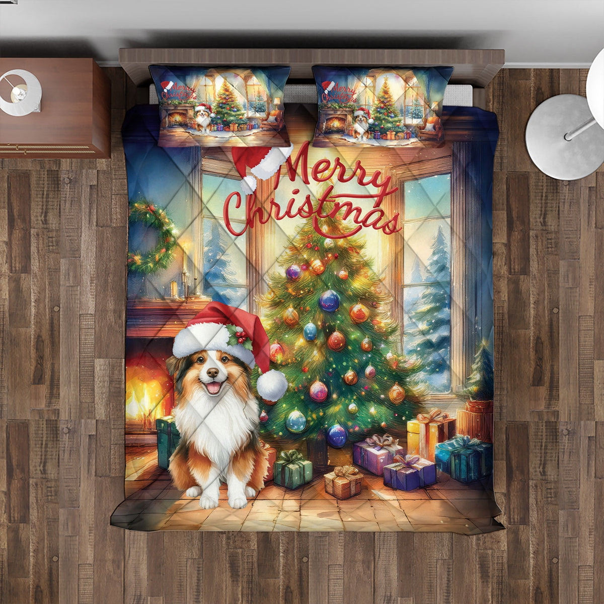 Merry Christmas French Bulldog Santa Hat Xmas Tree Winter Holiday Quilt Bedding Set Dog Lover Gifts 1 Blanket Bed Cover 2 Pillowcases - 01013