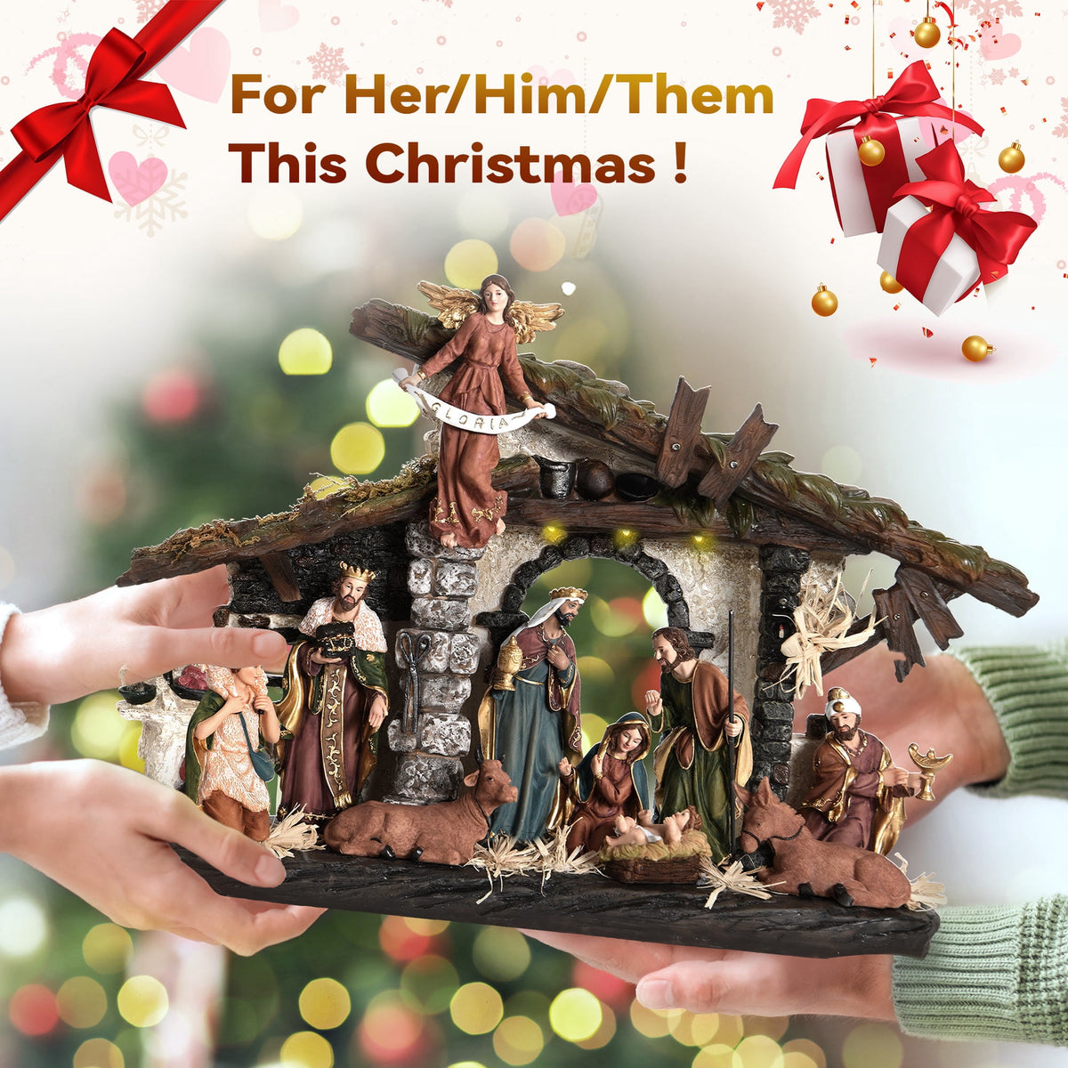 Ultym 20 inch Lighted Christmas Nativity Scene Set of 12 with Rustic Stable