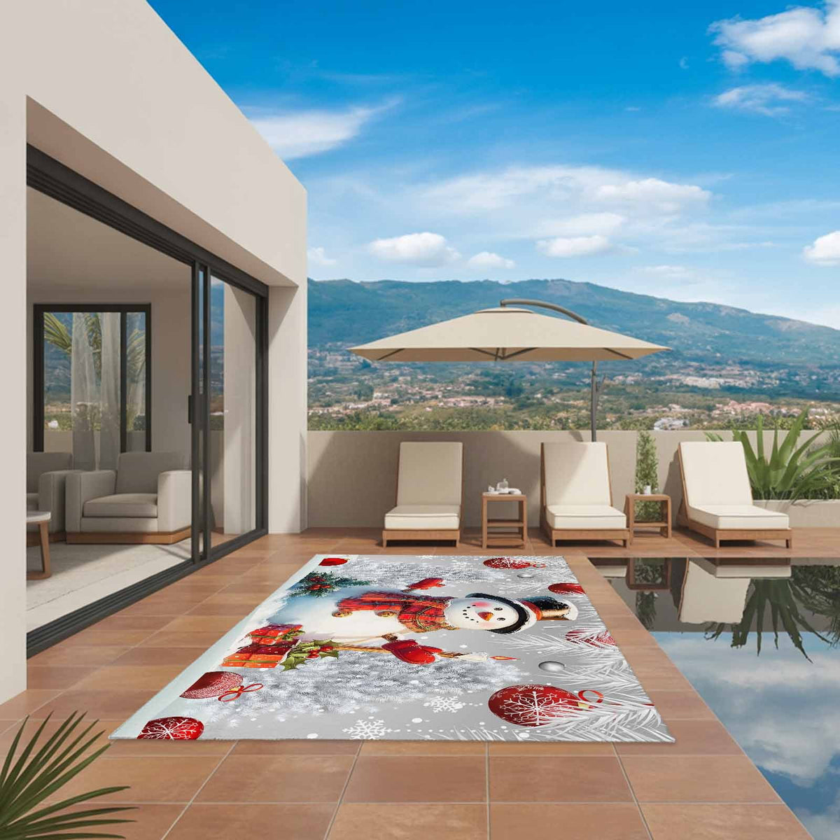 Grey Snowman Christmas Outdoor Rug for Patio/Deck/Porch, Non-Slip Large Area Rug 4 x 6 Ft, Xmas Tree Red Balls Snowflake Indoor Outdoor Rugs Washable Area Rugs, Reversible Camping Rug Carpet Runner