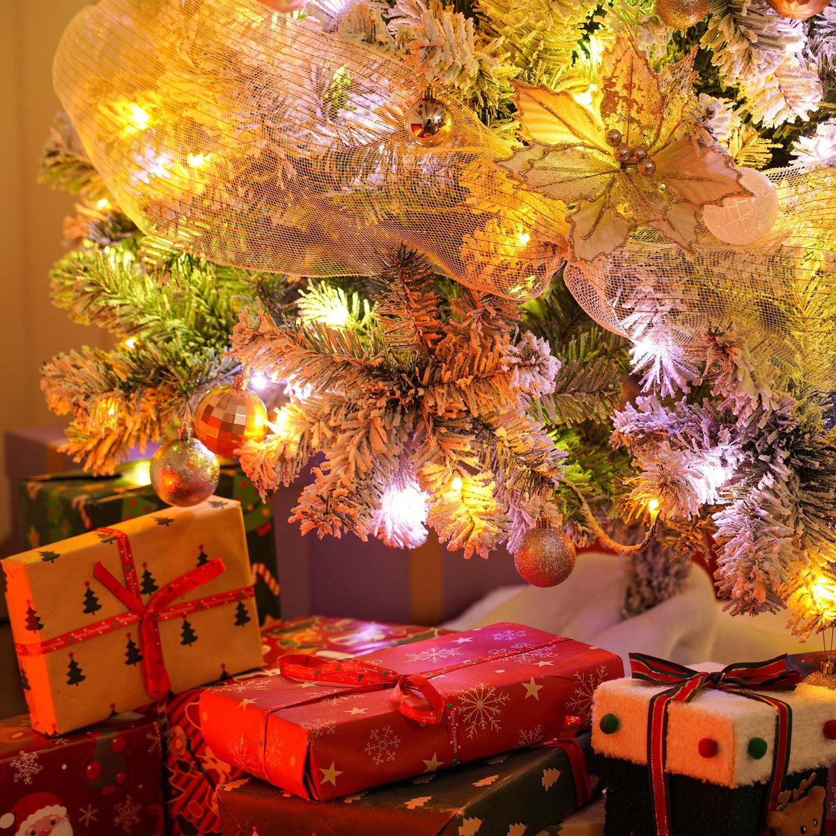 Yexmas 7.5FT Pre-Lit Snow Flocked Christmas Tree,Artificial White Christmas Tree with Large Christmas Tree Storage Bag,11 Modes Warm White & Multicolor LED Lights for Xmas Decoration