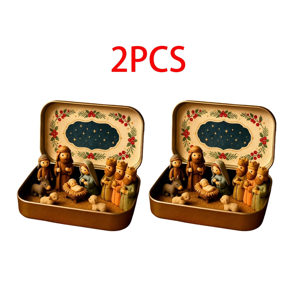 Daghihgewr Mini Christmas Nativity Set Tabletop Tin Box Multicolor Indoor Religious Ornament 1-Count 3.9 x 2.8 x 1.2 Inch