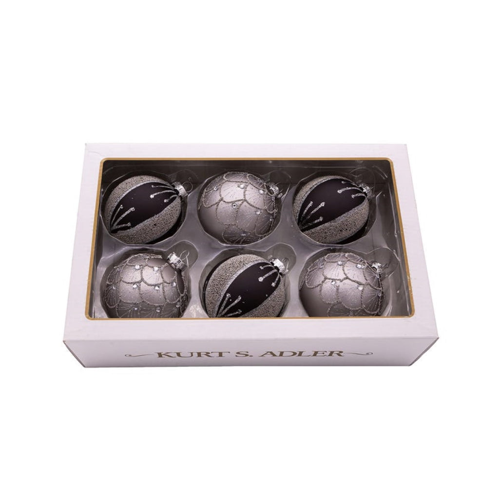 Kurt Adler Ornaments For Christmas Tree, Silver/Black Jeweled Glass Balls, 80 MM Diameter, 6 Piece