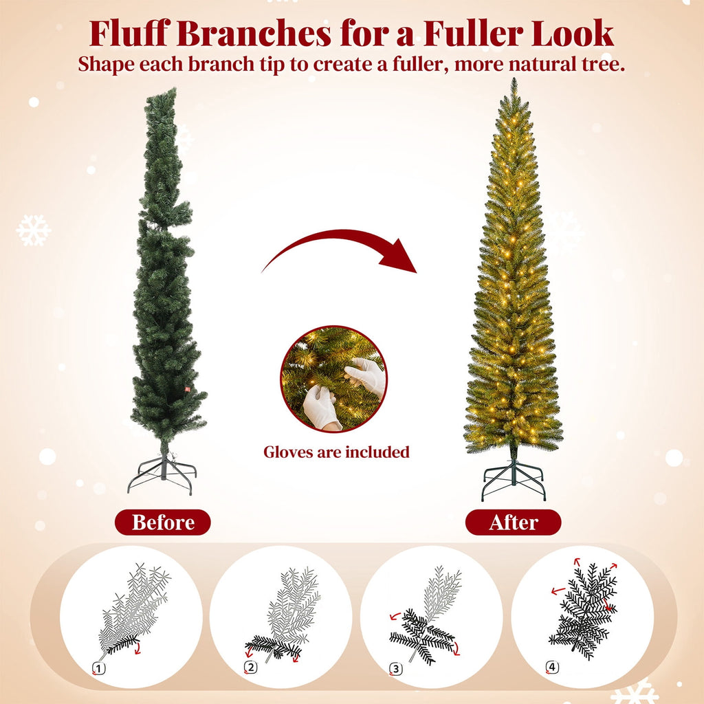 Goosiay Pre-Lit Pencil Artificial Christmas Tree, 6ft Xmas Tree with Metal Stand for Christmas Decoration, Green