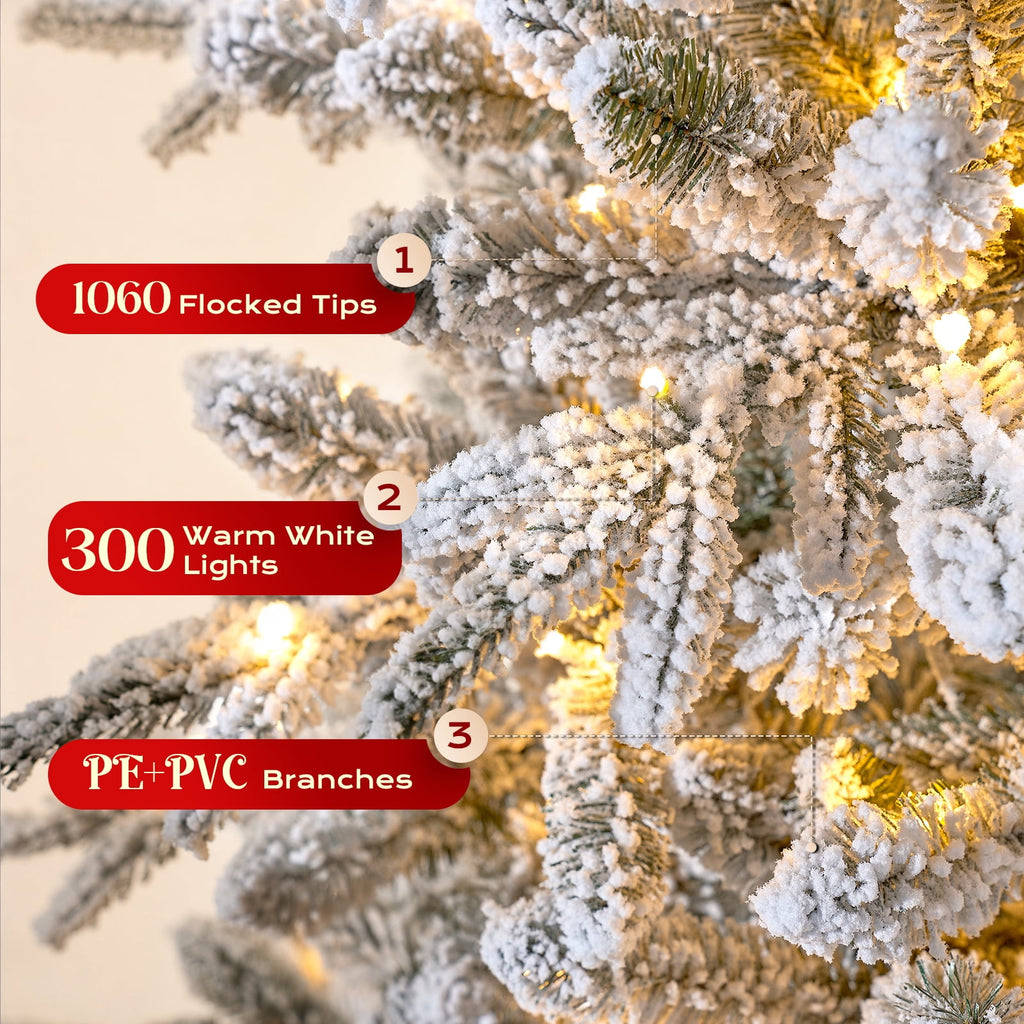 Goosiay 7FT Pre-Lit Flocked Fir Christmas Tree, 1060 PE & PVC Tips, 300 Warm White LED Lights, Snowy Hinged Artificial Christmas Tree for Living Room & Holiday Decor
