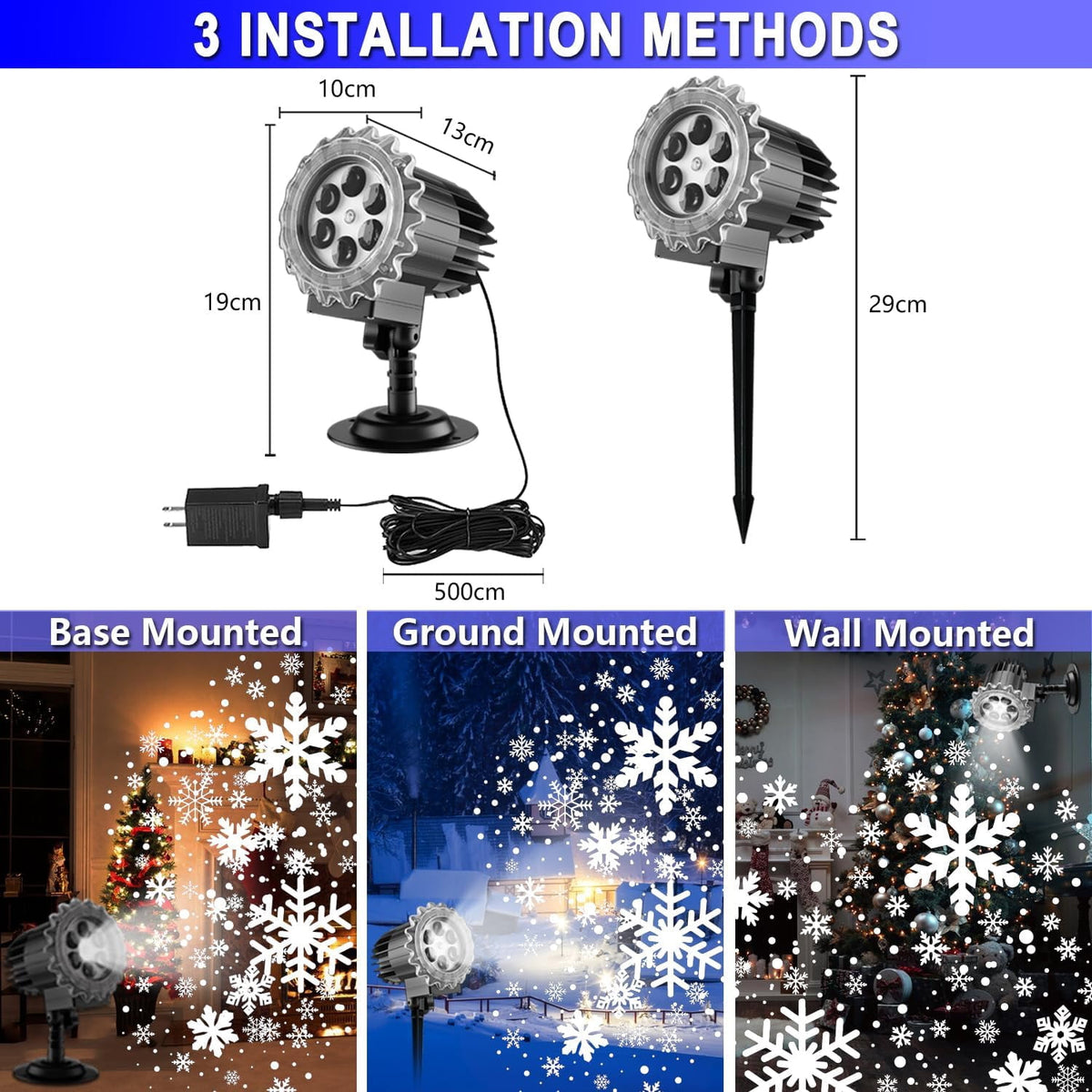 Uncahome Christmas LED Snowflake Projector Lights Outdoor, 3D Snowfall Projection Lamp Outside Waterproof, Black
