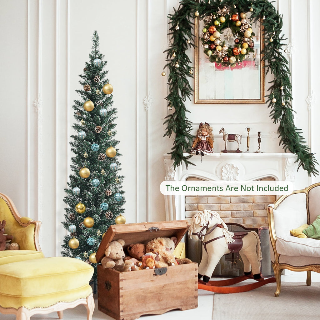 Topbuy 5FT Slim Pencil Tree Snowy Artificial Christmas Tree with 214 PVC Branch Tips & 25 Pine Cones Full Holiday Decoration Tree for Xmas