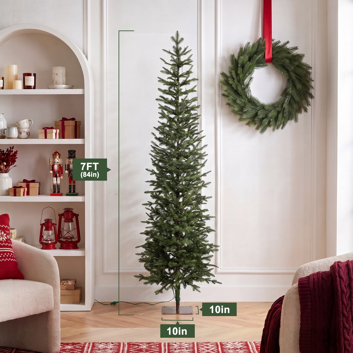 DR.Planzen 6ft Prelit Pencil Christmas Tree with 150 Warm White LED Lights, 1571 PE Branch Tips, Iron Base, Slim Artificial Christmas Tree for Apartment, Entryway, Corner, Office